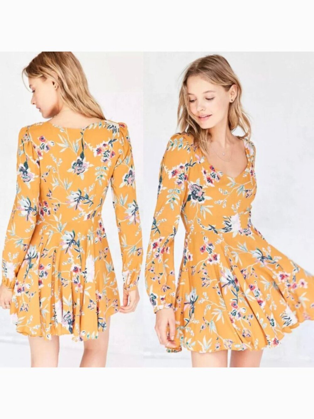 ECOTE URBAN OUTFITTERS Rosalinda Floral Long Sleeve Mini Dress Mustard Fit Flare